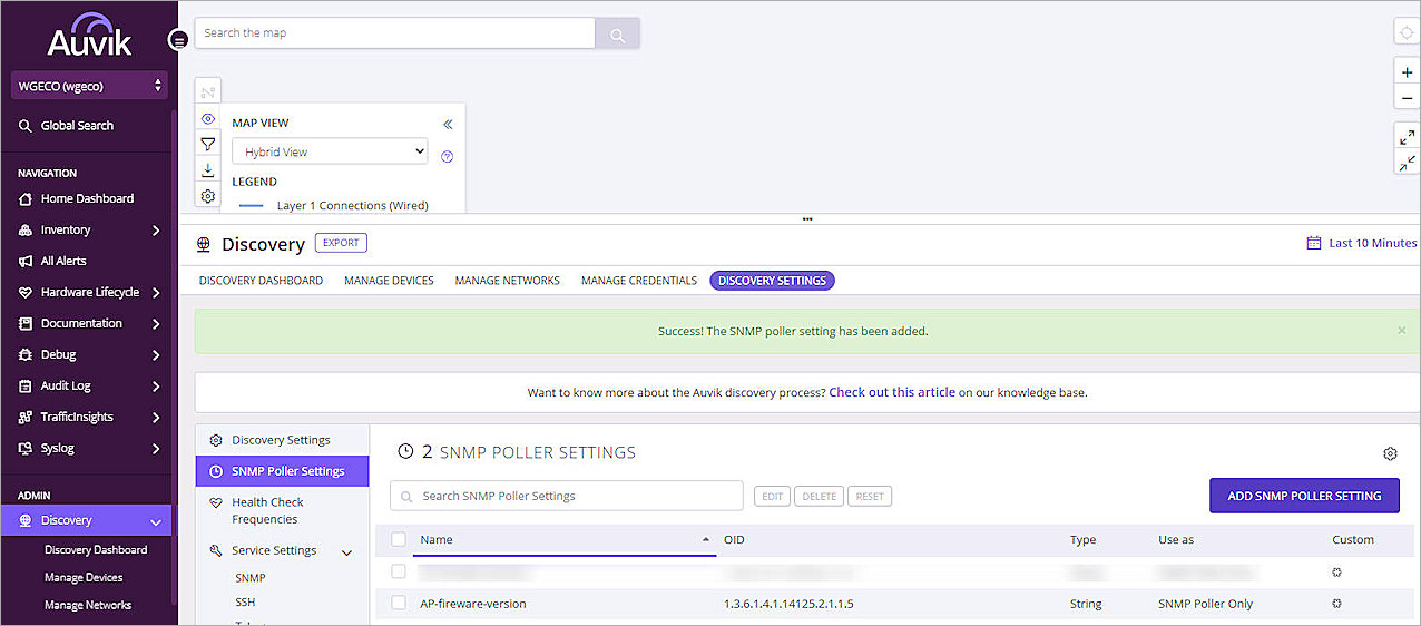 Screenshot in Auvik, the SNMP Poller Setting page after add poller